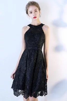 Little Black Lace Short Party Dress Halter - BLS86109