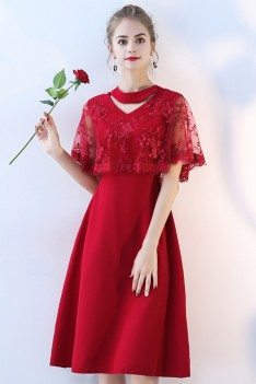 Burgundy Red Lace Knee Length Party Dress Cape Sleeved - BLS86094