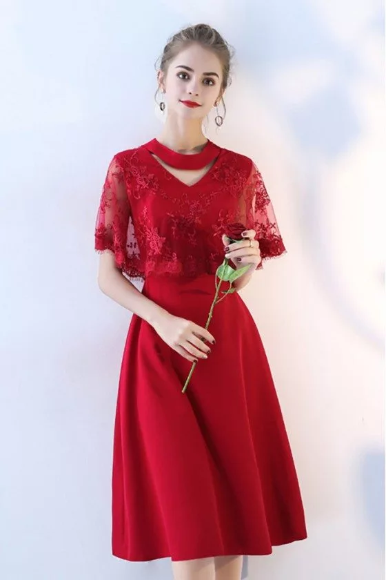 Burgundy Red Lace Knee Length Party Dress Cape Sleeved - $75.9 # ...