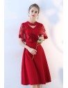 Burgundy Red Lace Knee Length Party Dress Cape Sleeved - BLS86094
