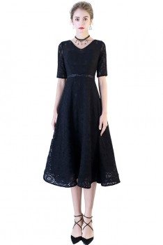 Black Lace Tea Length Party Dress Vneck with Sleeves - BLS86022