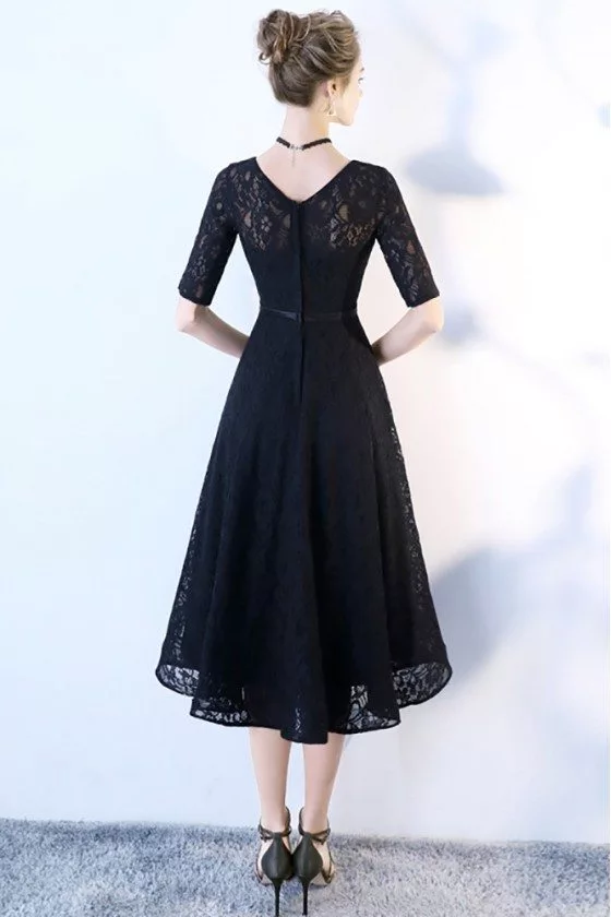 Black Lace Tea Length Party Dress Vneck with Sleeves - $78.9768 # ...