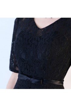 Black Lace Tea Length Party Dress Vneck with Sleeves - BLS86022