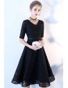 Black Lace Tea Length Party Dress Vneck with Sleeves - BLS86022