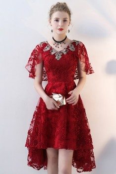 Burgundy Red Lace Short Party Dress Vneck with Cape Sleeves - BLS86032