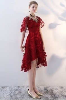 Burgundy Red Lace Short Party Dress Vneck with Cape Sleeves - BLS86032