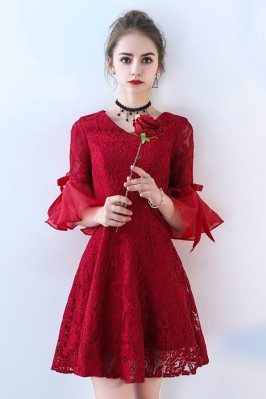 Burgundy Short Lace Homecoming Party Dress V-neck Bell Sleeves - BLS86075