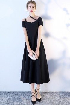 Chic Black Tea Length Party Dress with Short Sleeves - BLS86029
