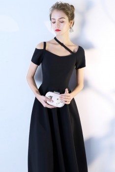 Chic Black Tea Length Party Dress with Short Sleeves - BLS86029