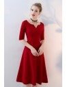 Simple Burgundy Aline Knee Length Party Dress with Sleeves - BLS86057