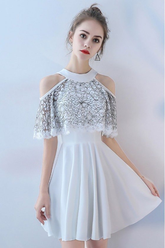 White Short Halter Homecoming Party Dress Cold Shoulder - $70.4 # ...