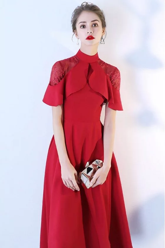 Chic High Neck Burgundy Red Tea Length Party Dress with Sleeves - $78. ...