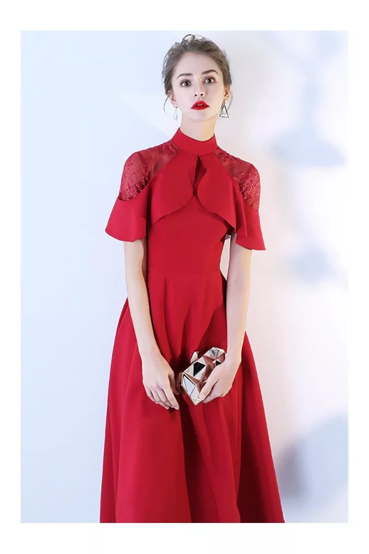 Chic High Neck Burgundy Red Tea Length Party Dress with Sleeves - $78. ...