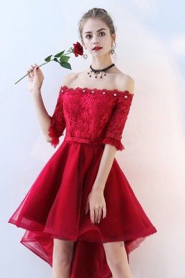 Red Lace Tulle Homecoming Prom Dress Off Shoulder Sleeves High Low - BLS86052