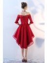 Red Lace Tulle Homecoming Prom Dress Off Shoulder Sleeves High Low - BLS86052
