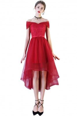 Red Lace Tulle Homecoming Party Dress High Low with Off Shoulder - BLS86005