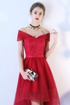 Red Lace Tulle Homecoming Party Dress High Low with Off Shoulder - BLS86005