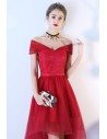 Red Lace Tulle Homecoming Party Dress High Low with Off Shoulder - BLS86005