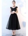 Black Tulle Party Dress Tea Length with Cap Sleeves - BLS86044