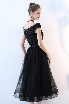 Black Tulle Party Dress Tea Length with Cap Sleeves - BLS86044