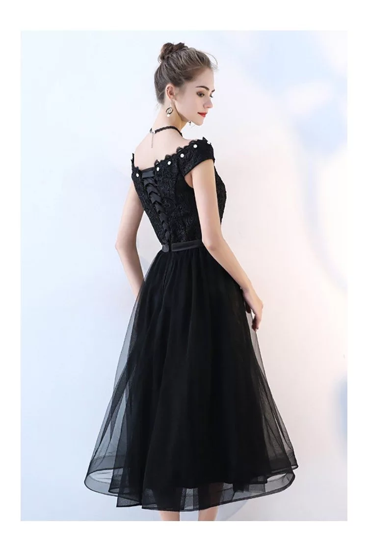 Black Tulle Party Dress Tea Length with Cap Sleeves - $66.88 #BLS86044 ...