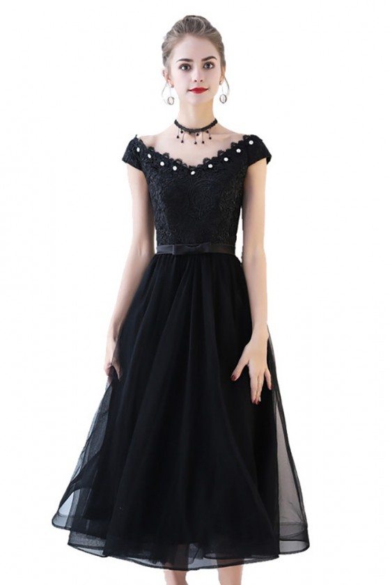 Black Tulle Party Dress Tea Length with Cap Sleeves - $78 #BLS86044 ...