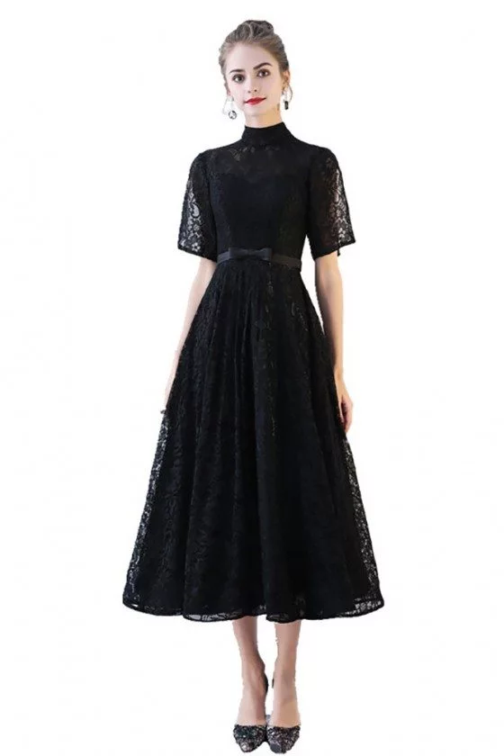 Black Lace High Neck Aline Party Dress with Sleeves - BLS86043