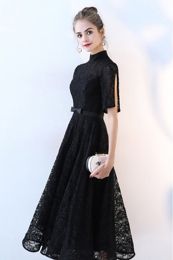 Black Lace High Neck Aline Party Dress with Sleeves - $78.9768 # ...