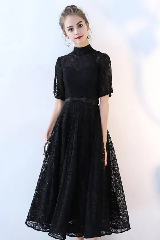Black Lace High Neck Aline Party Dress with Sleeves #BLS86043 