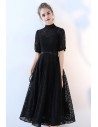 Black Lace High Neck Aline Party Dress with Sleeves - BLS86043