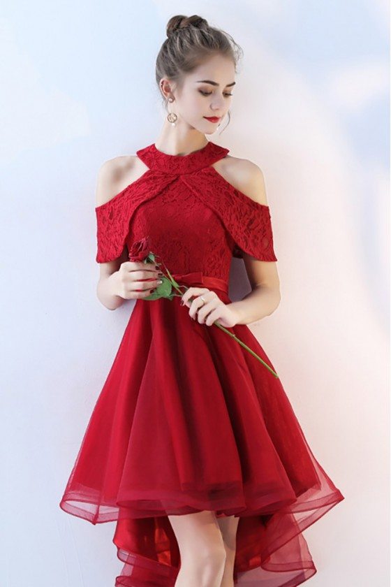 Burgundy Short Tulle Homecoming Party Dress Lace Cold Shoulder - $78 # ...