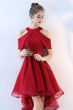Burgundy Short Tulle Homecoming Party Dress Lace Cold Shoulder - BLS86054