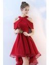 Burgundy Short Tulle Homecoming Party Dress Lace Cold Shoulder - BLS86054