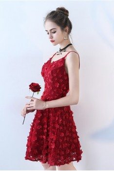 Burgundy Flowers Short Homecoming Party Dress with Straps - BLS86088