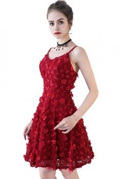 Burgundy Flowers Short Homecoming Party Dress with Straps - BLS86088
