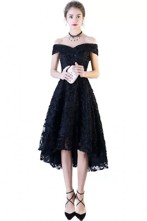 Black Lace Off Shoulder Prom Party Dress High Low - BLS86098