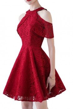 Burgundy Short Halter Lace Homecoming Party Dress with Cold Shoulder - BLS86071