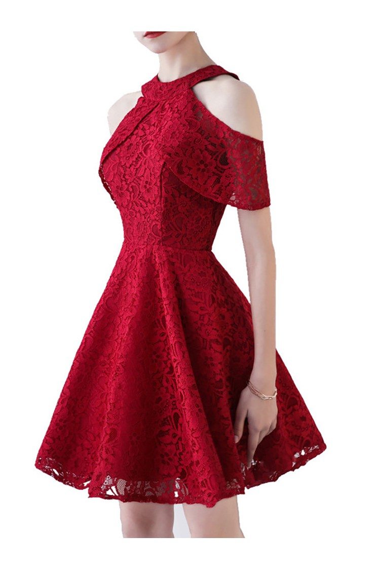 Burgundy Short Halter Lace Homecoming Party Dress with Cold Shoulder ...