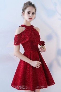 Burgundy Short Halter Lace Homecoming Party Dress with Cold Shoulder - BLS86071
