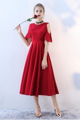 Burgundy Midi Length Party Dress Simple with Sleeves - BLS86055