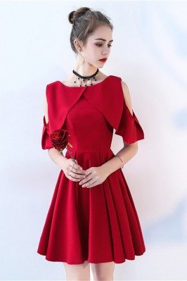 Burgundy Short Pleated Homecoming Dress Elegant with Cold Shoulder - BLS86074
