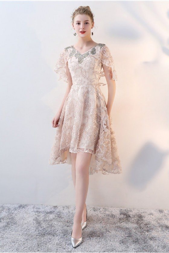 Elegant Champagne Lace Formal Party Dress High Low with Cape - BLS86100