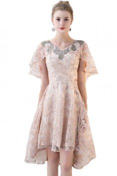 Elegant Champagne Lace Formal Party Dress High Low with Cape - BLS86100