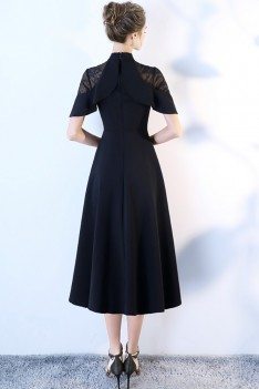 Elegant Black Tea Length High Neck Occasion Dress with Sleeves - BLS86015