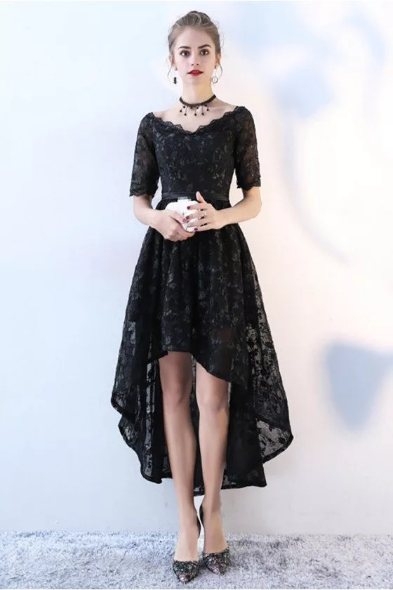 Chic Lace High Low Black Homecoming Dress with Sleeves - BLS86045
