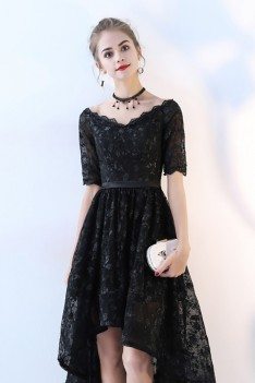 Chic Lace High Low Black Homecoming Dress with Sleeves - BLS86045
