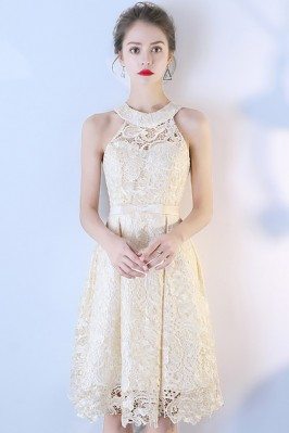 Elegant Champagne Lace Short Halter Party Dress - BLS86096