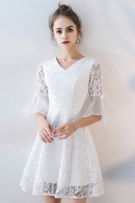 White Lace Short Homecoming Dress Aline V-neck with Sleeves - BLS86056