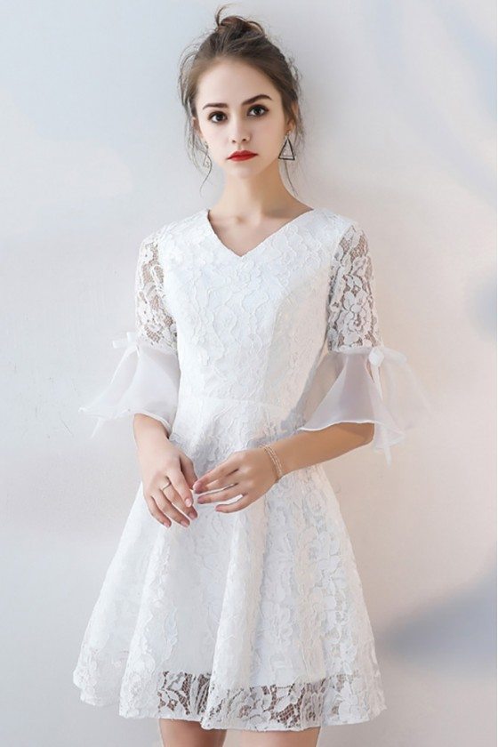 White Lace Short Homecoming Dress Aline V-neck with Sleeves - $75.9 # ...