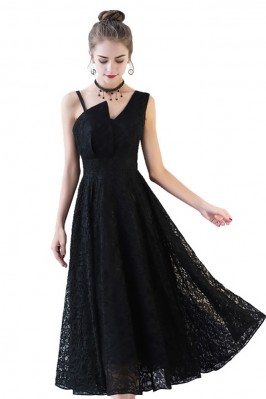 Aline Full Lace Tea Length Black Formal Dress Sleeveless - BLS86028